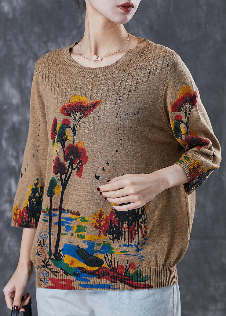 Coffee Print Knit Sweater Tops Oversized Spring