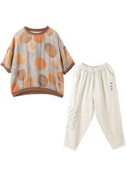 Chocolate Print Linen Tanks And Pants Two Pieces Set O-Neck Embroideried Summer