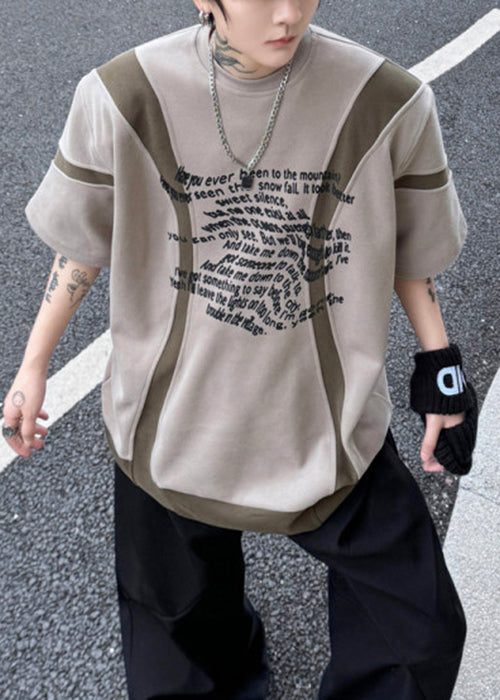 Coffee Print Patchwork Cotton Men T Shirt O Neck Short Sleeve