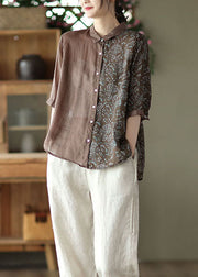 Coffee Print Patchwork Linen Shirts Peter Pan Collar Button Half Sleeve