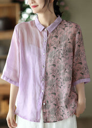 Coffee Print Patchwork Linen Shirts Peter Pan Collar Button Half Sleeve