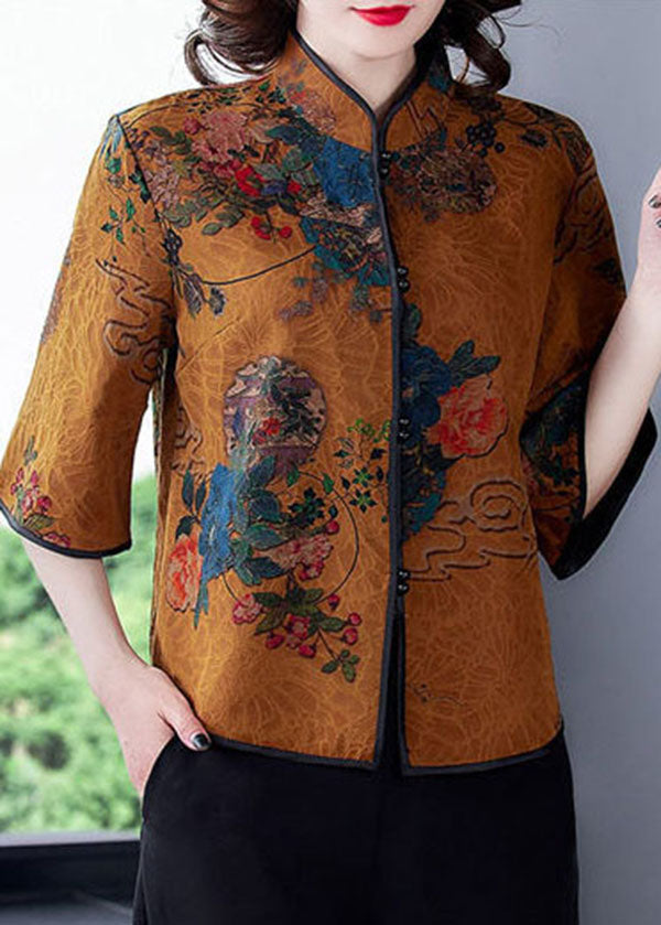 Chocolate Print Silk Chinese Style Shirts Mandarin Collar Half Sleeve