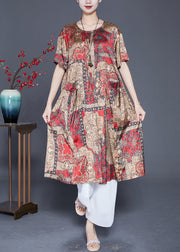 Coffee Print Silk Long Dresses Oversized Draping Summer