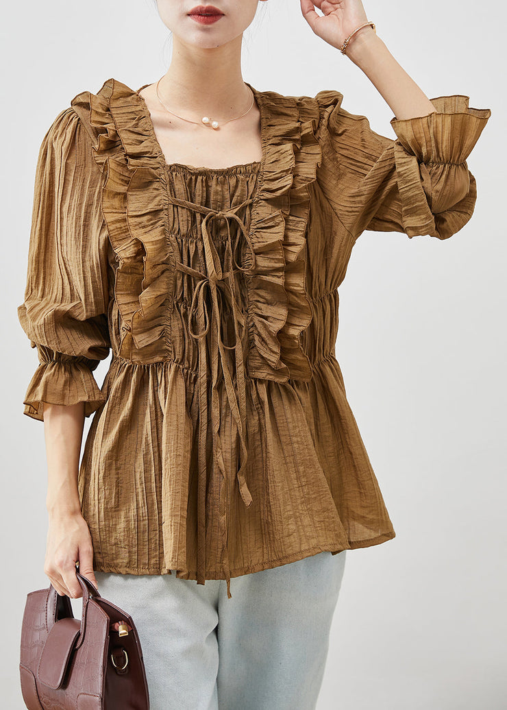 Coffee Silm Fit Cotton Shirt Tops Wrinkled Lace Up Fall