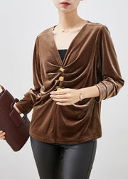 Coffee Silm Fit Silk Velour Shirt Top V Neck Wrinkled Spring