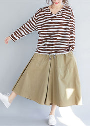 Chocolate Striped Cotton T Shirt Top V Neck Long Sleeve