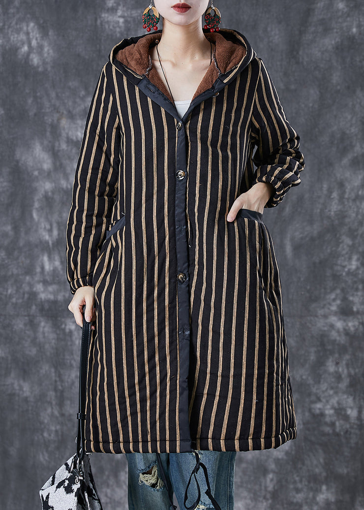 Coffee Striped Warm Fleece Coats Hooded Winter