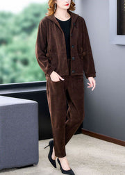 Chocolate Thick Corduroy Coats And Harem Pants Two Pieces Set Hooded Winter