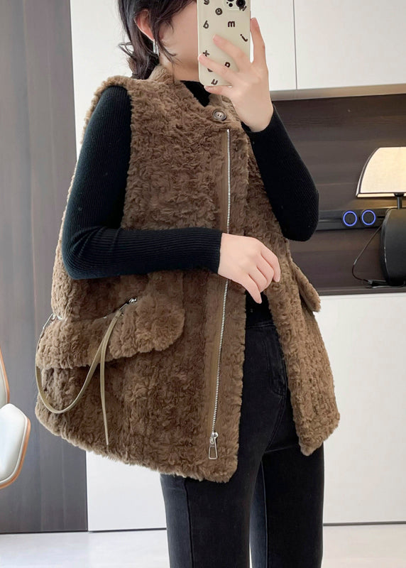 Coffee Thick Faux Fur Teddy Vests Zip Up Winter