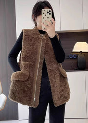 Coffee Thick Faux Fur Teddy Vests Zip Up Winter