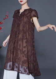 Coffee Tulle Holiday Dress V Neck Embroideried Summer