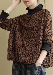 Chocolate Turtleneck Print Lace Top Long Sleeve