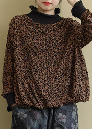 Chocolate Turtleneck Print Lace Top Long Sleeve