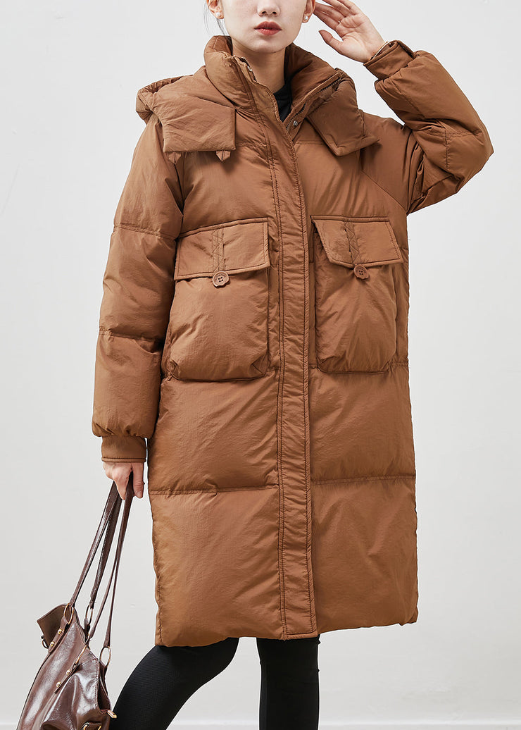 Coffee Warm Duck Down Puffer Jacket Hooded Pockets Winter