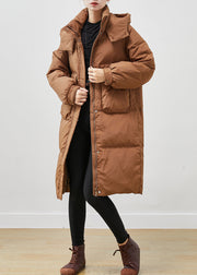 Coffee Warm Duck Down Puffer Jacket Hooded Pockets Winter