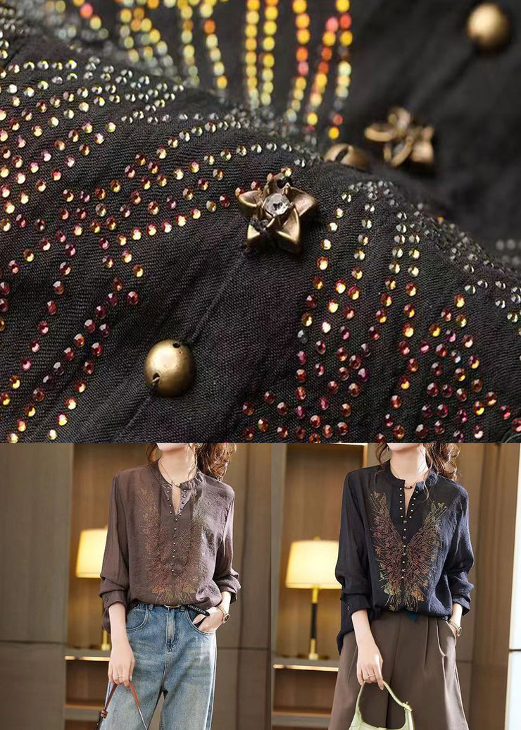 Coffee Zircon Patchwork Loose Chiffon Shirts Top V Neck Fall