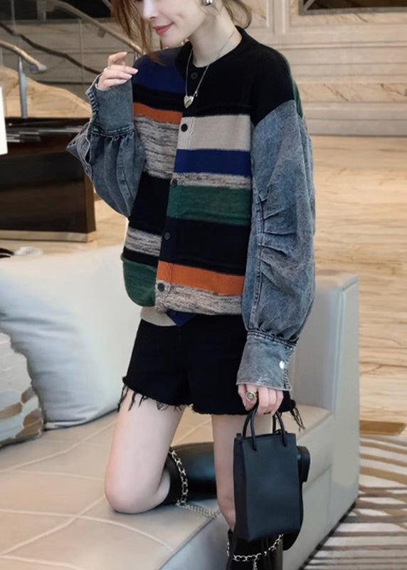 Colorblock Denim Patchwork Knitted Sweater Coat Women Autumn And Winter 2023