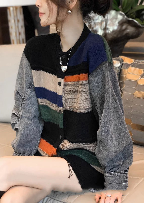 Colorblock Denim Patchwork Knitted Sweater Coat Women Autumn And Winter 2023