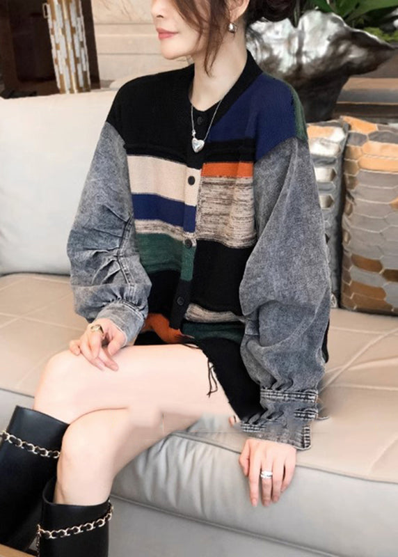 Colorblock Denim Patchwork Knitted Sweater Coat Women Autumn And Winter 2024