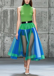 Colorblock Patchwork Tulle Skirt Hollow Out Summer