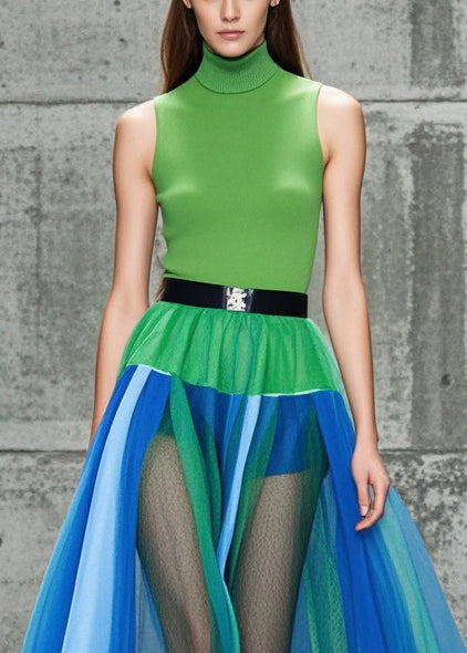 Colorblock Patchwork Tulle Skirt Hollow Out Summer