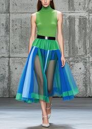 Colorblock Patchwork Tulle Skirt Hollow Out Summer