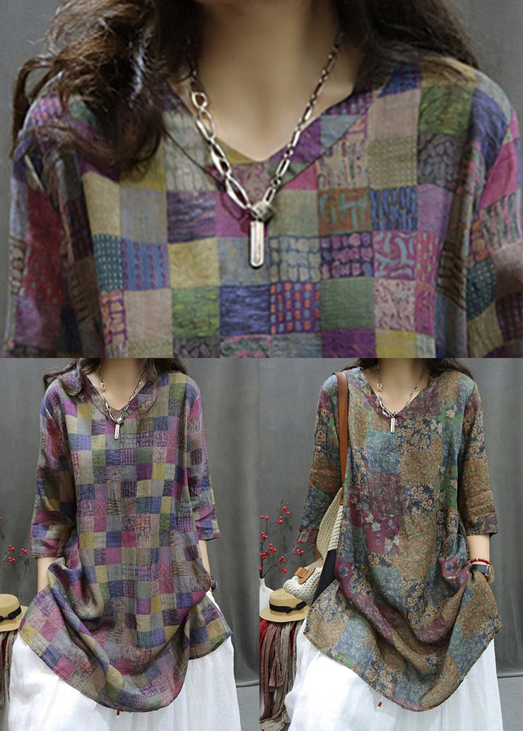 Colorblock Print Side Open Linen Blouse V Neck Summer