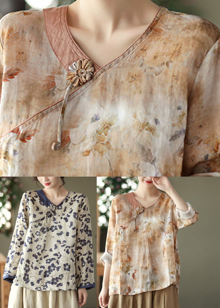 Fine Khaki Floral Linen Blouse Tops Summer