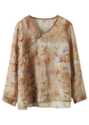 Fine Khaki Floral Linen Blouse Tops Summer