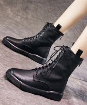 Comfortable Black Boots Platform Cowhide Leather Warm Fleece Lace Up Boots