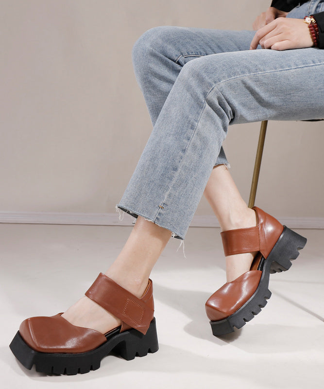 Comfortable Brown Chunky Cowhide Leather Buckle Strap High Heel Sandals