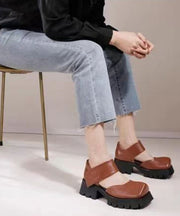 Comfortable Brown Chunky Cowhide Leather Buckle Strap High Heel Sandals