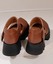 Comfortable Brown Chunky Cowhide Leather Buckle Strap High Heel Sandals