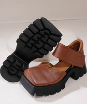 Comfortable Brown Chunky Cowhide Leather Buckle Strap High Heel Sandals