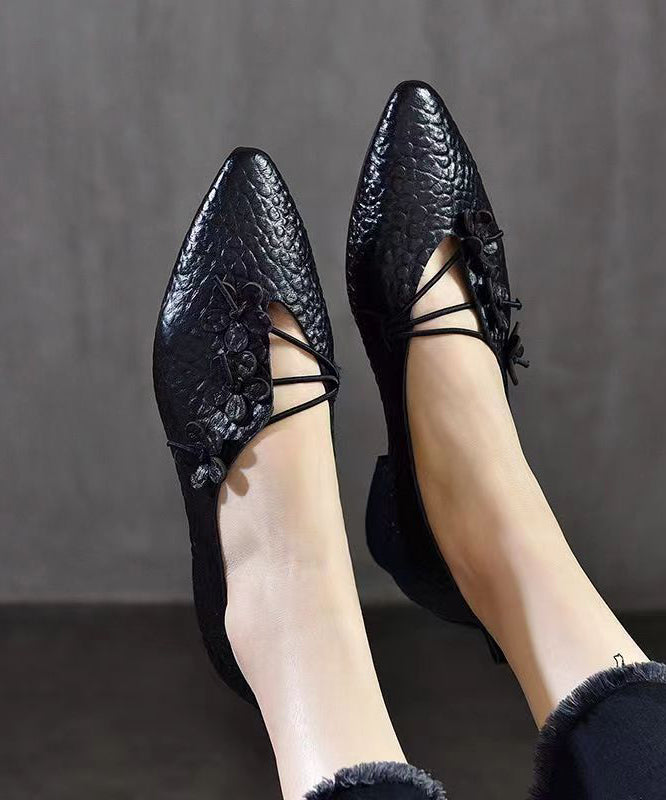 Comfortable Pointed Toe Floral Flats Shoes Black Sheepskin