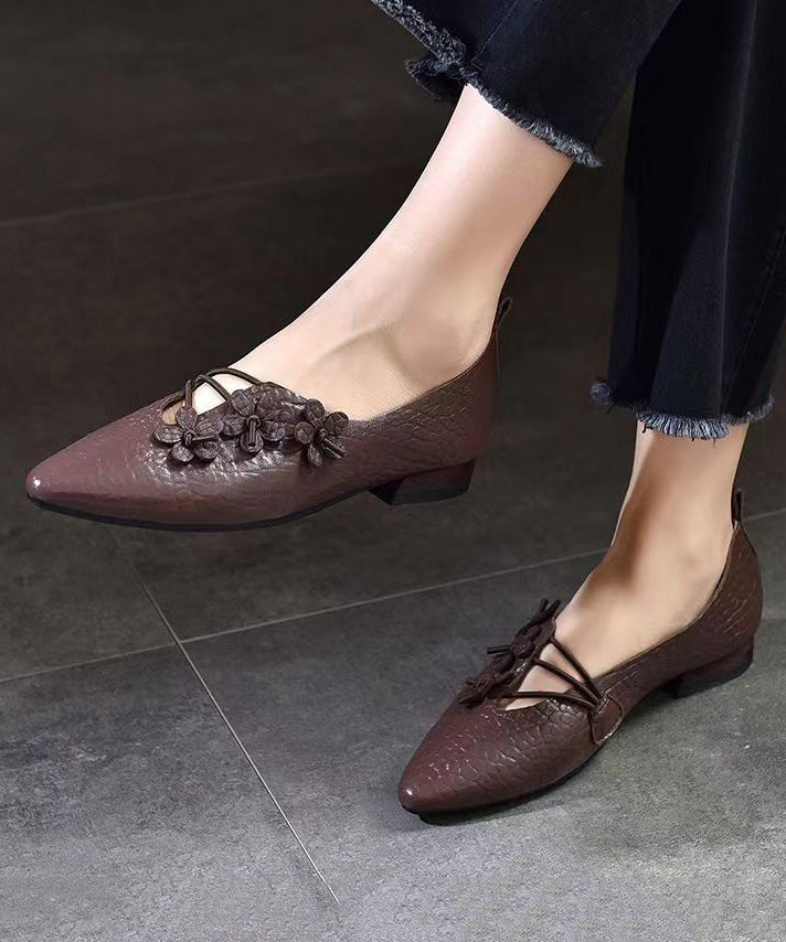 Comfortable Pointed Toe Floral Flats Shoes Black Sheepskin