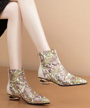 Comfortable Yellow Print Splicing Genuine Leather Chunky Ankle Boots