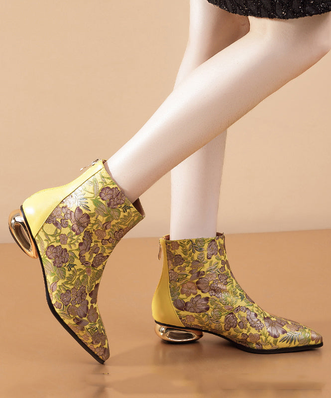 Comfortable Yellow Print Splicing Genuine Leather Chunky Ankle Boots