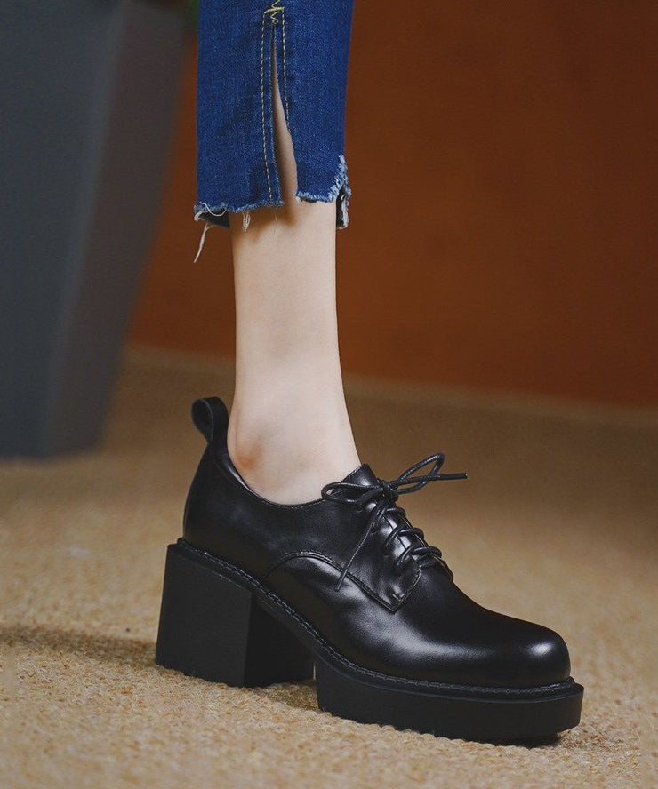 Comfy Black Cowhide Leather High Heels Lace Up Platform High Heels