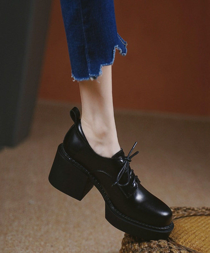 Comfy Black Cowhide Leather High Heels Lace Up Platform High Heels