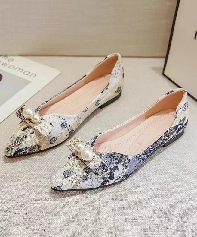 Comfy Black Flat Feet Shoes Cotton Fabric Print Pointed Toe