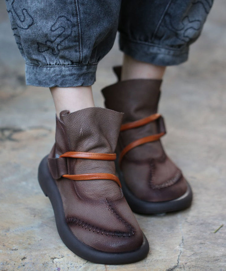 Comfy Brown Cowhide Splicing Cross Strap Leather Boots