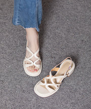 Comfy Chunky Heel Sandals Beige Genuine Leather Hollow Out Peep Toe