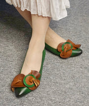 Comfy Green Cowhide Leather Pointed Toe Women Splicing Flat Shoes