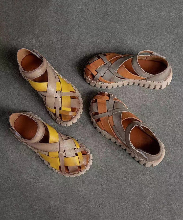 Comfy Hollow Out Splicing Platform Sandals Yellow Cowhide Leather