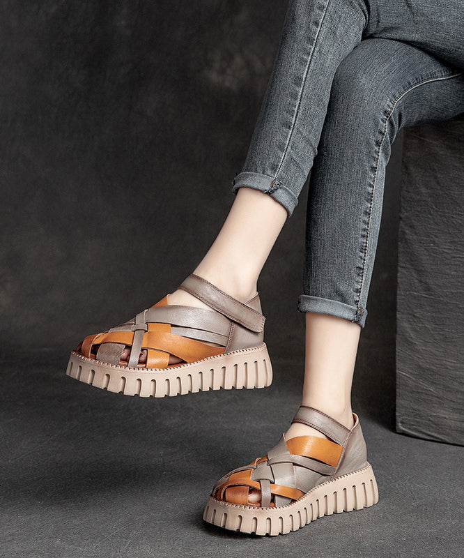 Comfy Hollow Out Splicing Platform Sandals Yellow Cowhide Leather