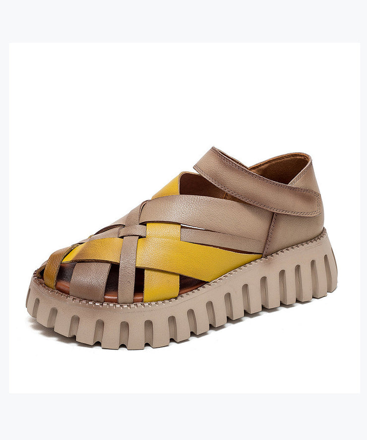 Comfy Hollow Out Splicing Platform Sandals Yellow Cowhide Leather