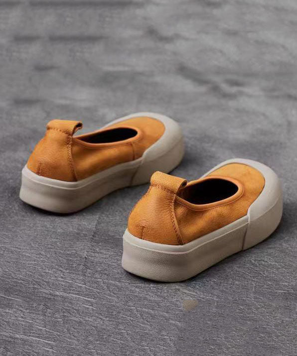 Comfy Yellow Cowhide Leather Women Splicing Flat Shoes