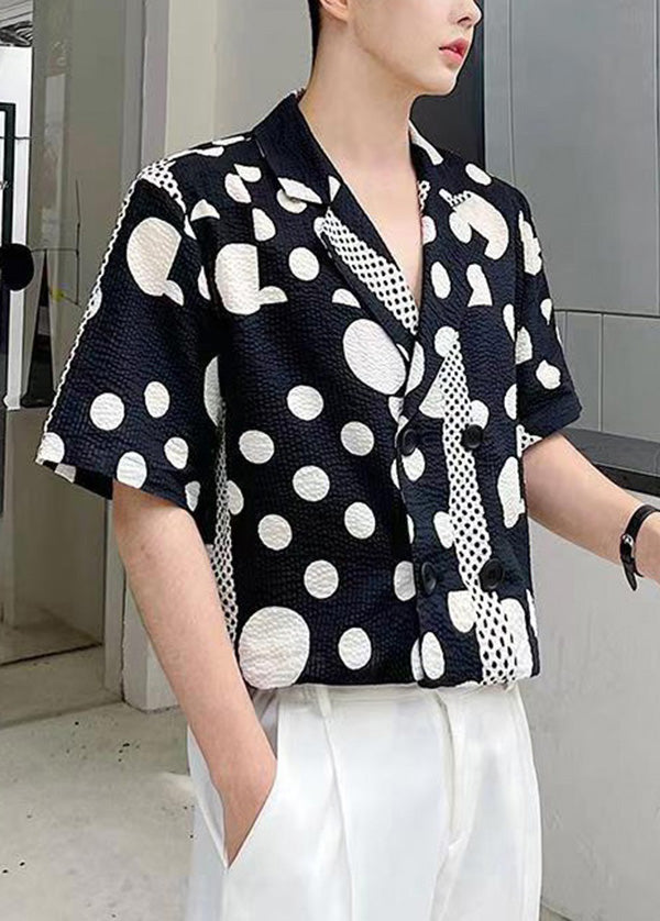 Cool Black Notched Print Button Cotton Mens Shirts Summer