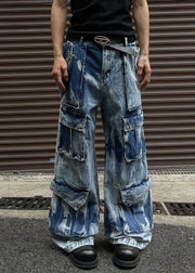 Cool Blue Button Pockets High Waist Denim Men Pants Summer